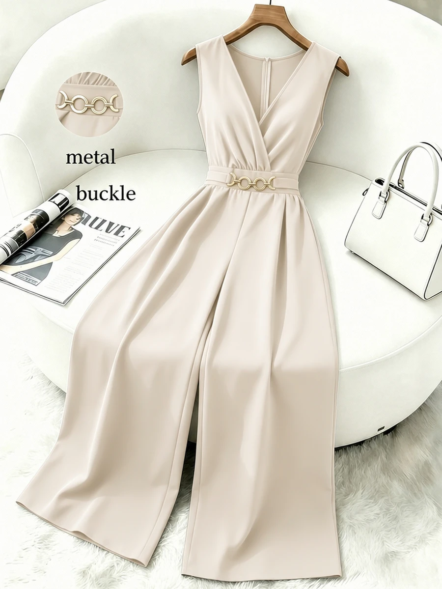 GlowEve CURVE Plus Size Women's Elegant Solid Color V-Neck Sleeveless Gold Decor Waist Buckle Cinched Wide Leg Jumpsuit, Suitable For Spring/Summer Commute And Daily Wear - Apricot - View 1