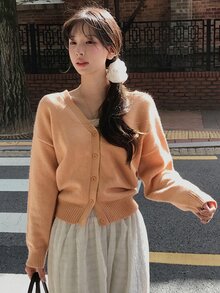 DAZY Women's Solid Color Loose Long Sleeve V-Neck Casual Vacation Korean Style Autumn/Winter Knit Cardigan - Coral Pink - View 4