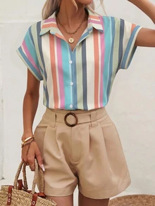 SHEIN Frenchy 女款條紋短袖前排扣襯衫 - 彩色 - 查看 3