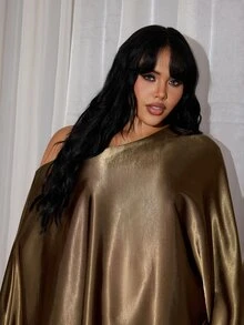 Rustia Plus Size Shiny Asymmetrical Shoulder Loose Fit Blouse, Autumn/Winter - Coffee Brown - View 5