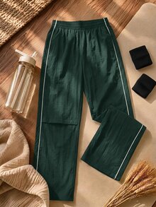 SHEIN Cheerettes 女款拼色拼接彈性腰時尚運動長褲 - 墨綠色 - 查看 9