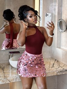 SHEIN BamGlam 2026 Autumn/Winter New Style Sleeveless Shoulder-Opening, Ribbon Decorated Collar Overalls + Beaded Midi Skirt 2 Pieces Set For Girls, Suitable For Par - Red - View 4