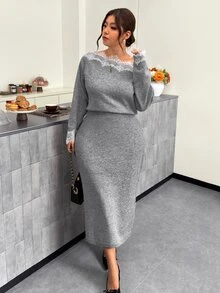 Firerie Plus Size Women's Lace Patchwork Asymmetrical Shoulder Long Sleeve Knit Dress - Grey - View 4