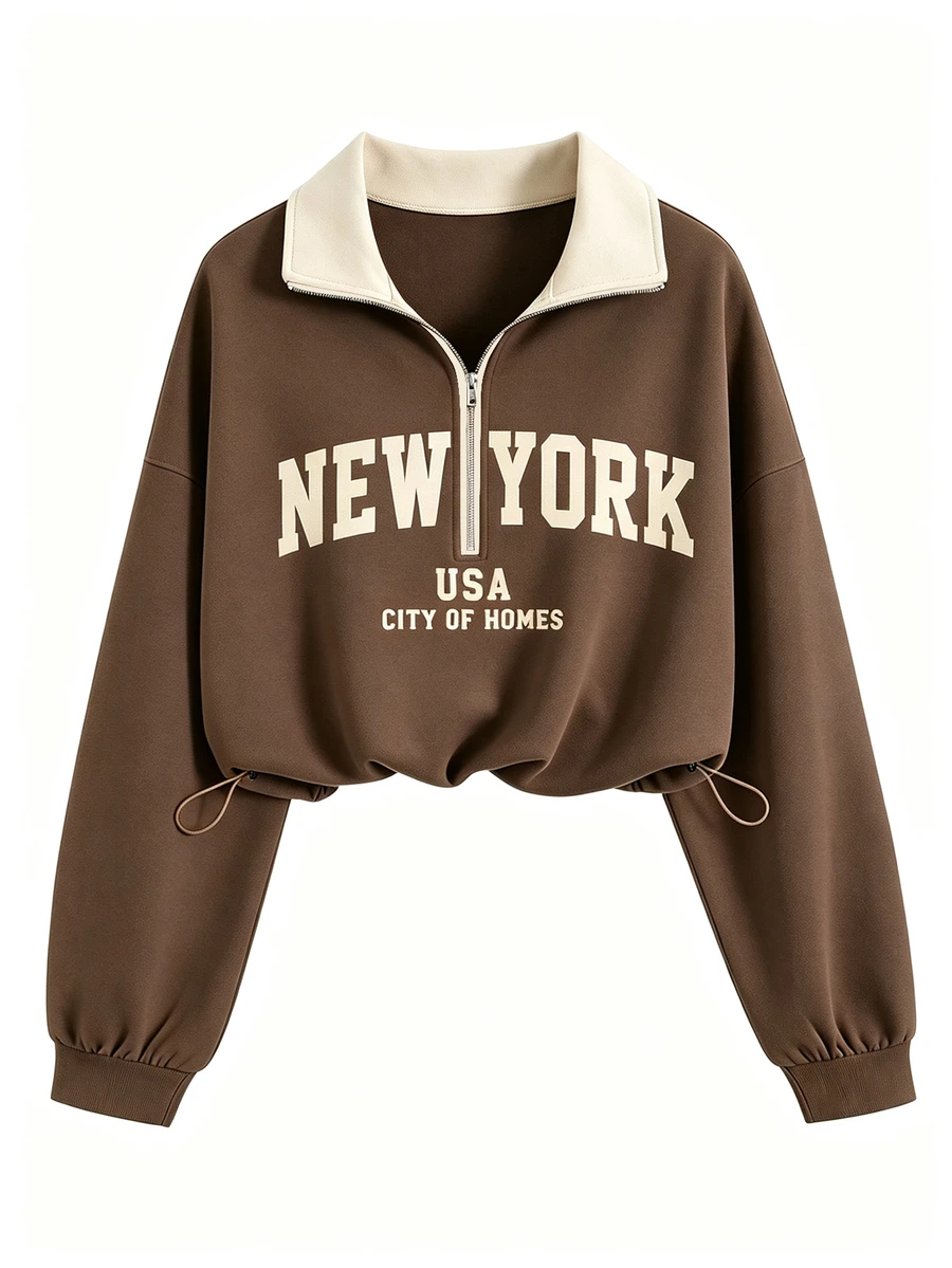 INAWLY Half-Zip Polo Collar Printed Loose Drawstring Sweatshirt - Coffee Brown - View 1