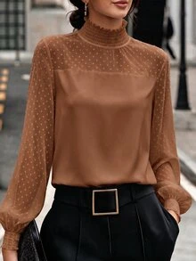 SHEIN Clasi 女款高領波點燈籠袖時尚休閒長袖上衣 - 棕色 - 查看 3