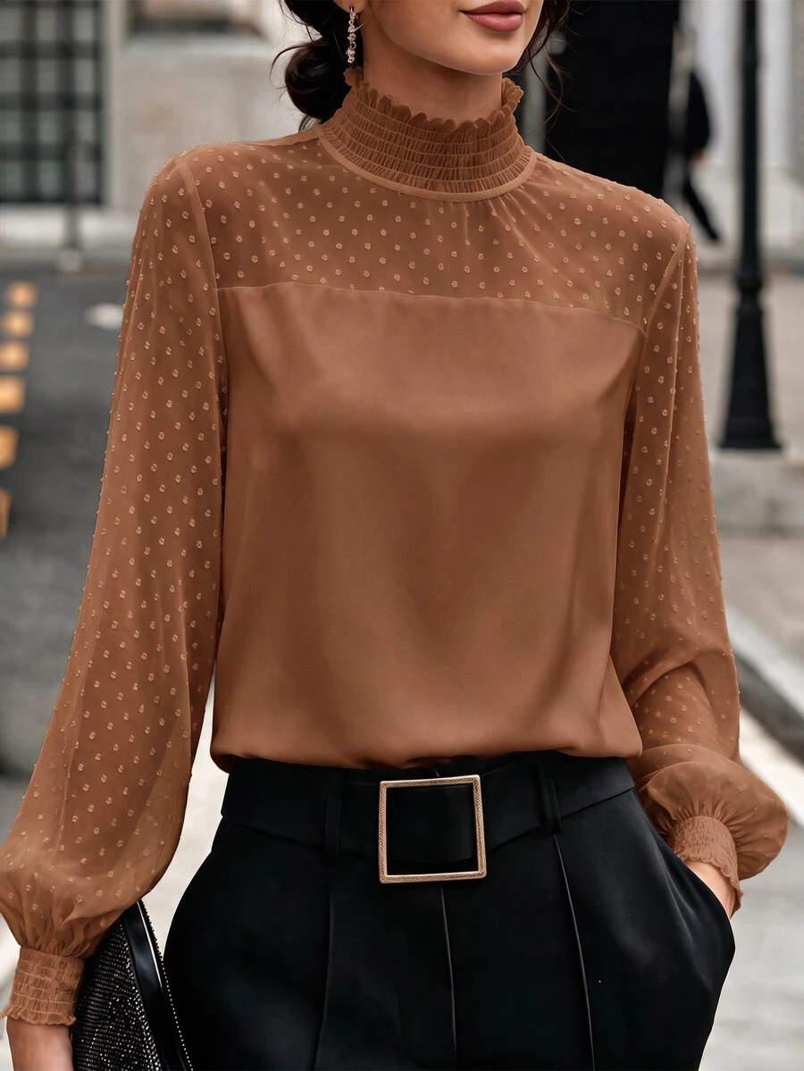 SHEIN Clasi 女款高領波點燈籠袖時尚休閒長袖上衣 秋季 - 棕色 - 查看 1