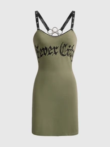 ROMWE MEN Women's Mini Dress Cat Paw Metal Gothic Font Dark Swamp Goth Hot Girl A-Line - Army Green - View 1