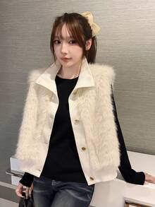 FRIFUL 女款翻領鈕扣無袖人造毛皮外套，奶油白色，冬季日常、夜店、約會穿搭，優雅休閒，抓絨內裡 - 杏色 - 查看 7