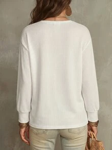 SHEIN LUNE Kaos Lengan Panjang Jacquard Wanita Serbaguna untuk Pemakaian Sehari-hari - Putih - View 2