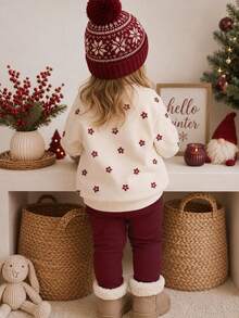 Baby Girls Versatile Cute Sweet Mini Cartoon Floral Pattern Crew Neck Sweatshirt & Brushed Leggings Set, Autumn/Winter Daily, Holiday, Christmas Outfit - Multicolor - View 7