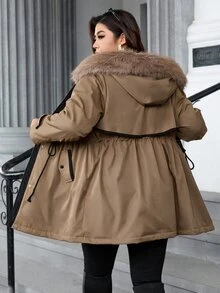 SHEIN Clasi 大尺碼女款毛絨拼接百褶時尚百搭冬季外套 - 駝色 - 查看 2