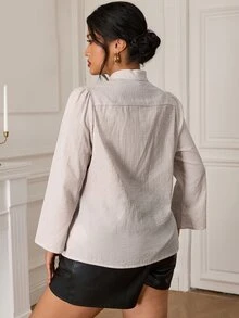 EastFlair Plus Size Women's Elegant Striped Long Sleeve Shirt With Frog Button Design - Apricot - View 9