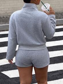 Muchica Plus Size Double-Breasted High Neck Long Sleeve Jacket And Shorts 2 Pieces Set - Grey - View 2