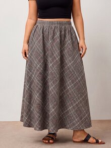 Enliva Plus Size High Waist Plaid A Line Maxi Skirt With Pockets Apple - Brown - View 5