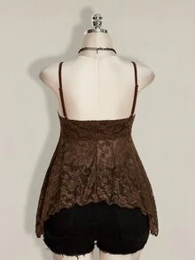 SHEIN ICON Plus Size Drawstring Bow Tie Cami Tank Top, Asymmetrical Hem, Y2K Style, Suitable For Summer, Graduation Season, Back To School - Brown - View 2