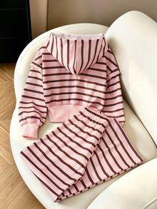 SHEIN 青少年女孩抓絨內裡條紋連帽衛衣與運動長褲2件套：保暖冬季休閒連帽運動服 - 粉色 - 查看 2