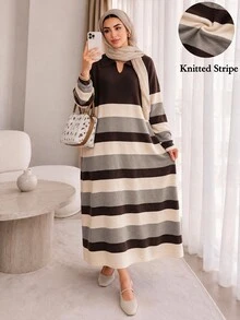 Feyla Plus Size Women's Striped Collared Long Sleeve Casual Knit Dress - Multicolor - View 10