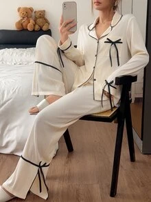 Napfluff Comfortable Ribbed Fabric Tie Bow Design Casual Outfit Set Classic Lapel Long Sleeve Long Pants Set - Apricot - View 5