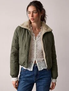 Freevana 女款秋冬毛絨領加厚外套 - 軍綠色 - 查看 1