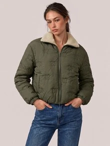 Freevana 女款秋冬毛絨領加厚外套 - 軍綠色 - 查看 4