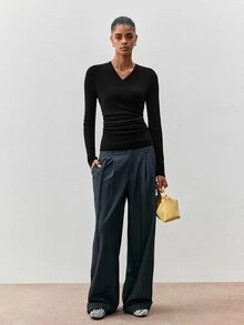 ATUI Studio Women's New Wrap V-Neck Slim Fit Ribbed Knit Long Sleeve Ruched Waist Cropped Wool Sweater, All Seasons - Black - View 2
