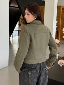 K-Vae Women's Green Suede Jacket, Cropped Fit, Autumn/Winter Jacket - Army Green - View 2