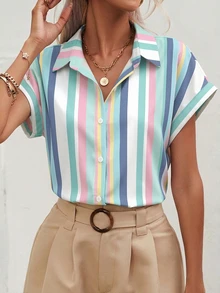 SHEIN Frenchy 女款夏季條紋單排扣短袖時尚襯衫 - 彩色 - 查看 6
