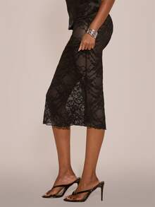 MUSERA Sheer Lace Fitted Low Rise Midi Skirt Sexy Evening Night Going Out Fall Winter Autumn Solitude - Black - View 2