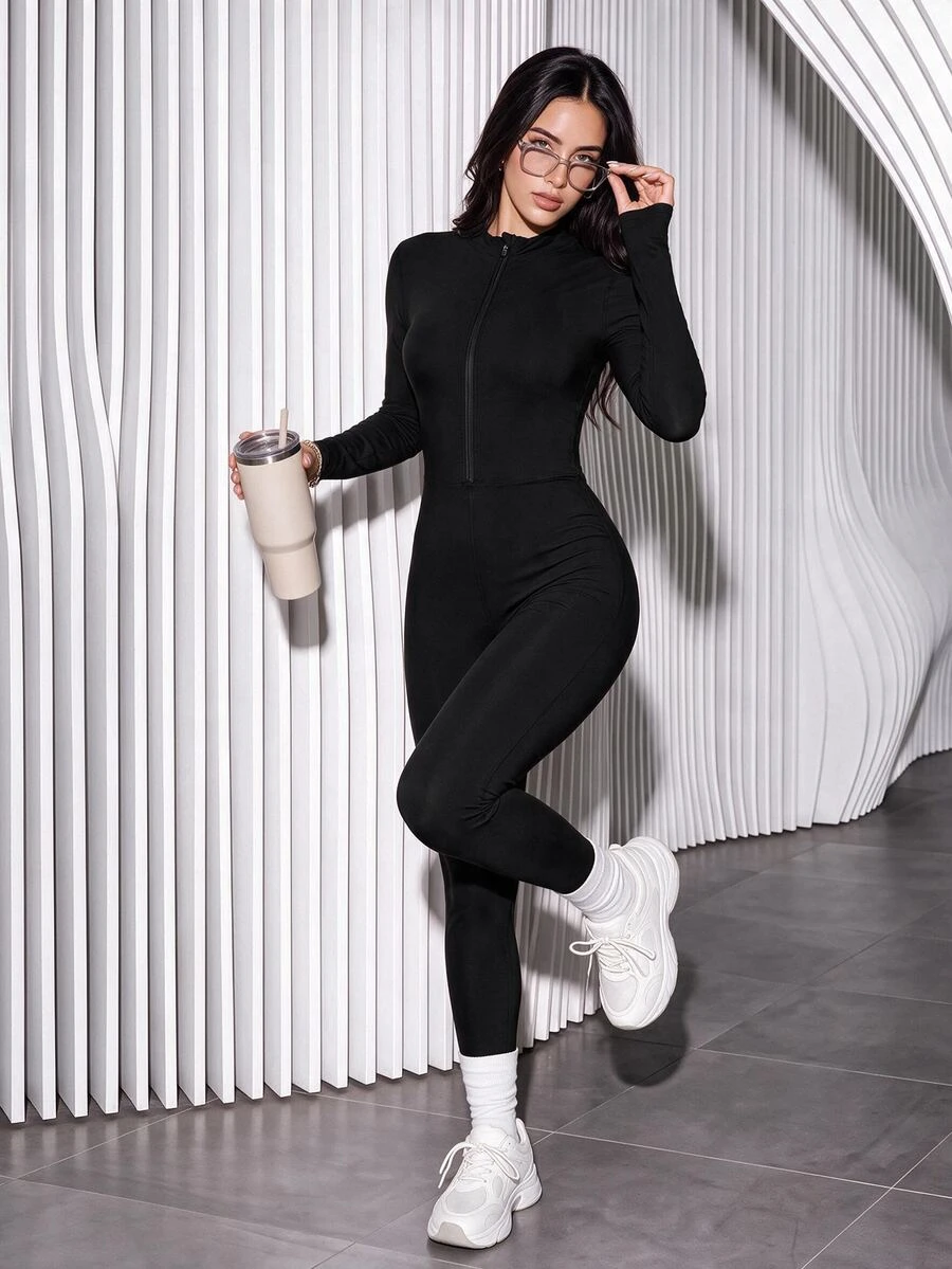 Slayform Slayform Jumpsuit Olahraga Wanita Lengan Panjang Warna Hitam dengan Resleting, Model Slim Fit, Cocok untuk Musim Semi/Gugur - Hitam - View 1