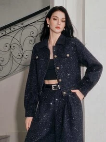 Anewsta Women's Autumn/Winter Modern Versatile Commuter Metallic Thread Tweed Jacket With Metal Buckle Lapel And Double Pockets, Short Style - Navy Blue - View 1