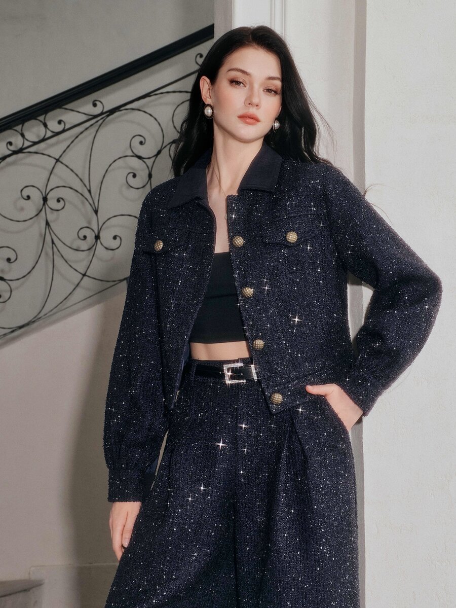 Anewsta Women's Autumn/Winter Modern Versatile Commuter Metallic Thread Tweed Jacket With Metal Buckle Lapel And Double Pockets, Short Style - Navy Blue - View 1