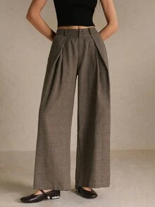 Poéselle Women's Plaid Pleated Fashion Commuter Wide Leg Suit Pants - Brown - View 7