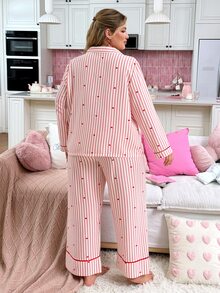 Slumberry CURVE Plus Size Women's Striped Heart Print Button Design Bow Pajama Set - Multicolor - View 2