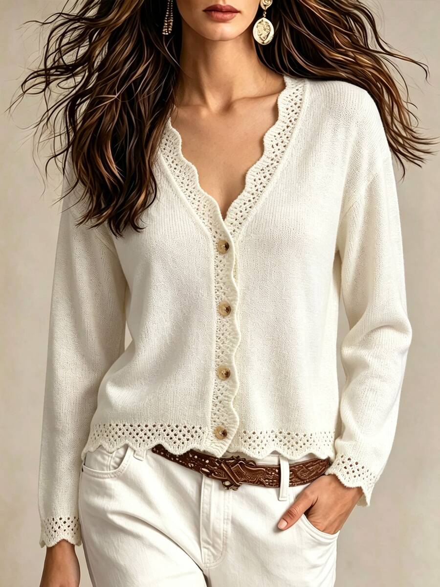 SHEIN Women's Festival Outfits Autumn Hollow Lace Patchwork V-Neck Cardigan