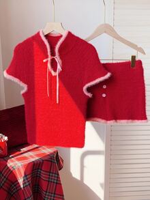 Comfortcana Women's Short Fitted Short Sleeve Top And Shorts Trim Color Block Knit Sweater 2 Pieces Set - Red - View 7