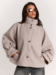 SHEIN BAE Women's Elegant High Neck Button Long Sleeve Overcoat - Brown - View 1