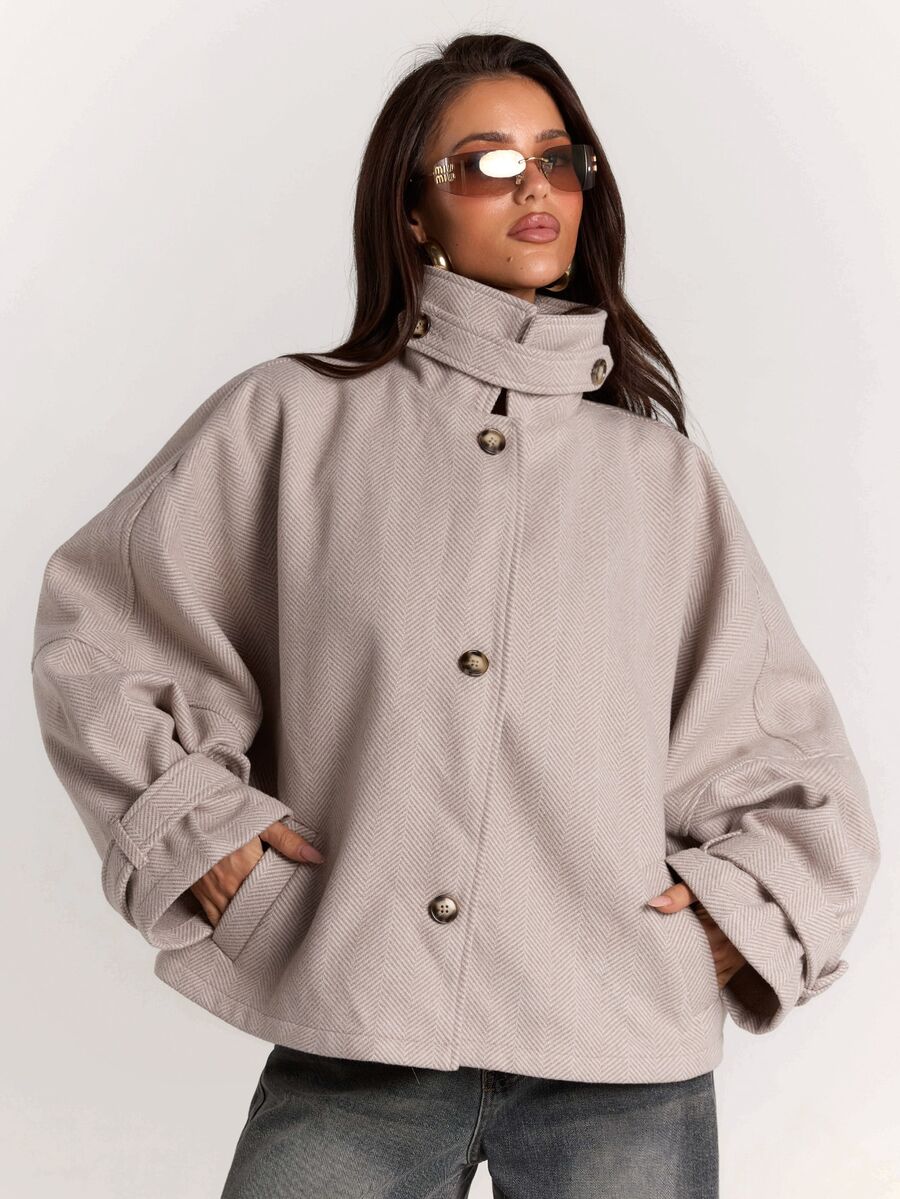 SHEIN BAE Women's Elegant High Neck Button Long Sleeve Overcoat - Brown - View 1