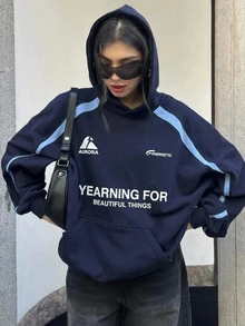 DAZY 女款深藍色連帽字母印花拼色條紋寬鬆落肩長袖休閒運動衛衣 - 藏蓝色 - 查看 1