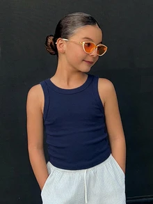 DAZY Crew Neck Pullover Fitted Basic Sleeveless Tank Top For Girls (Large) - Navy Blue - View 1