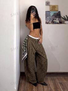 SHEIN Tall 高個子迷彩印花低腰水洗牛仔寬腿褲 - 彩色 - 查看 4