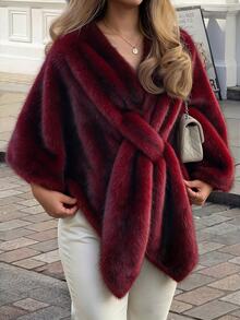 Cravure Standard Size Women's Autumn/Winter Fur Fabric Daily Commute Elegant Cape Coat - Burgundy - View 5
