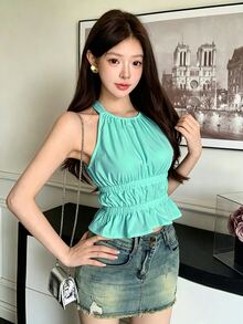 K-Vae 女款韓式性感抓皺腰部掛脖上衣 - 藍色 - 查看 6