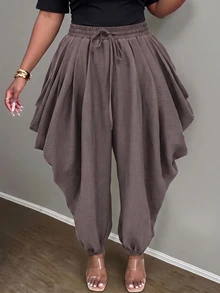 Slaydiva Celana Panjang Wanita Ukuran Besar, Celana Harem Warna Olive dengan Tali Serut, Detail Lipatan Samping, dan Manset untuk Musim Gugur - Coffee Brown - View 10