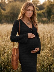 Boho Mama Gaun Hamil Polos Warna Polos dengan Ikatan Depan, Leher V, Lengan Lebar, dan Belahan Samping, Model Kasual untuk Musim Gugur - Hitam - View 2
