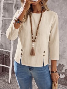 EMERY ROSE Kemeja Wanita Leher Bulat Lengan 3/4 Kancing Bawah Desain 100% Katun Linen Kasual Boho Liburan Warna Beige Musim Gugur - Aprikot - View 6