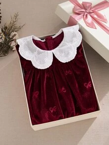 Baby Girl Bowknot Jacquard Velvet Peter Pan Collar Waist Cinched Pleated Ruffle Thick Dress Suitable For Winter And Christmas - Burgundy - View 9