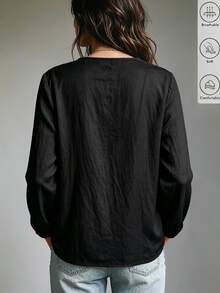 LUMIGAL Women's Keyhole Neckline Lace Patchwork Bowknot Casual Fashion Long Sleeve Blouse - Black - View 2