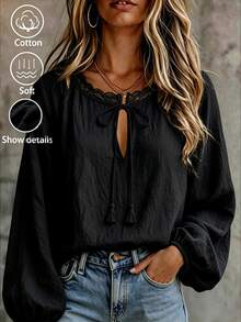LUMIGAL Women's Keyhole Neckline Lace Patchwork Bowknot Casual Fashion Long Sleeve Blouse - Black - View 1