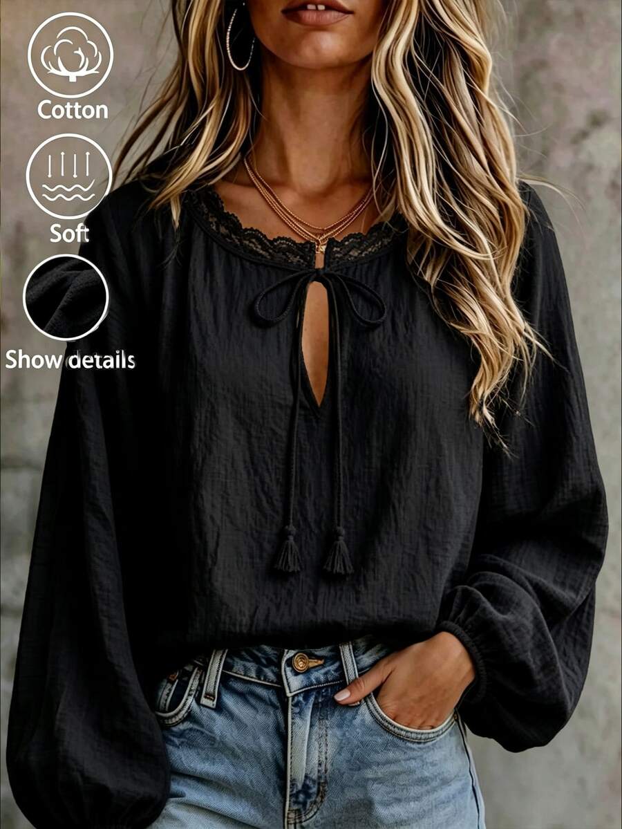 LUMIGAL Women's Keyhole Neckline Lace Patchwork Bowknot Casual Fashion Long Sleeve Blouse - Black - View 1