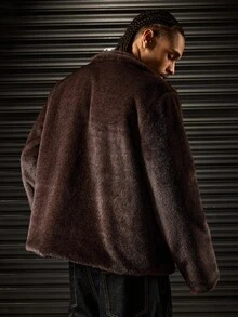 ROMWE MEN Men's Coffee Faux Fur Zipper Stand Collar Jacket - Coffee Brown - View 8